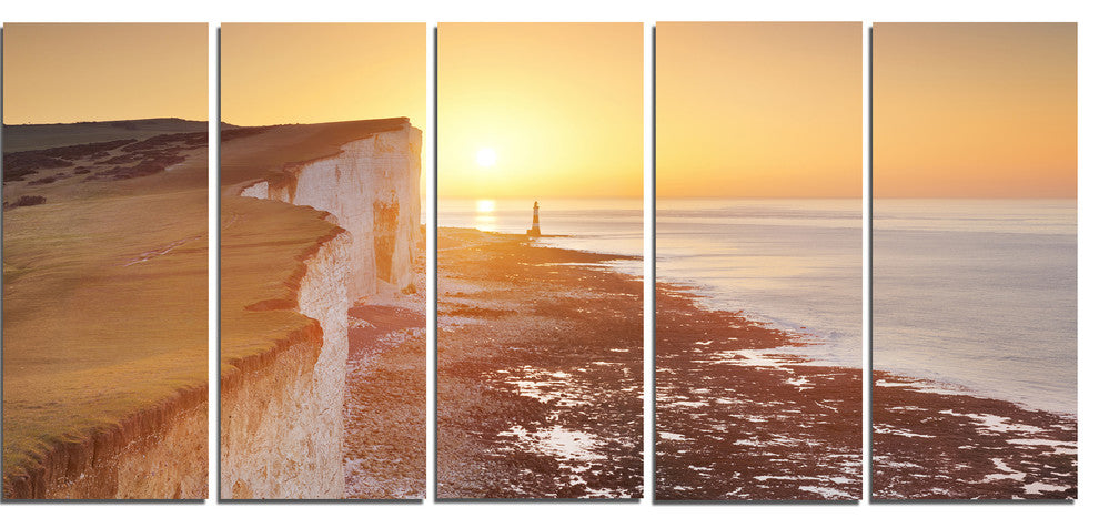 Sunrise over South Coast of England, Seashore Canvas Wall Art, 60"x28", 5 Panels