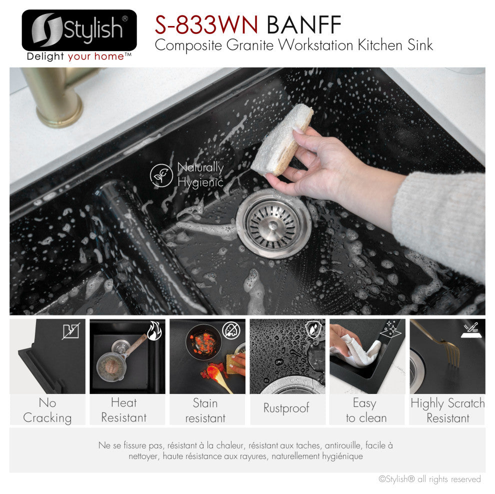 33" Dual Mount Workstation Double Bowl Black Granite Kitchen Sink
