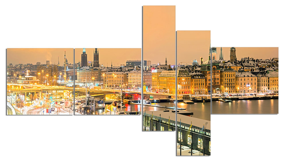 Stockholm Cityscape Panorama, Cityscape Photo Canvas Print, 60"x32", 5 panels