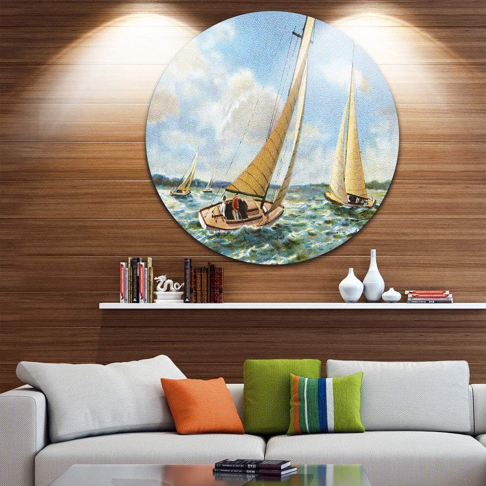 Vintage Boats Sailing, Seascape Painting Disc Metal Wall Art, 11"