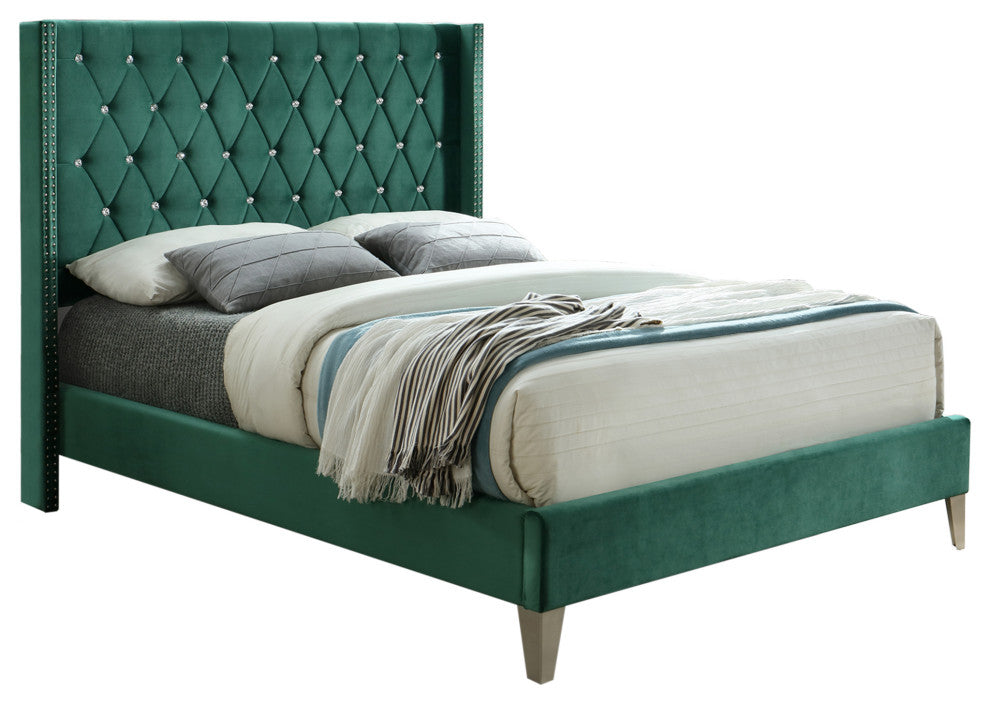 Better Home Products Alexa Velvet Upholstered Queen Platform Bed, Green