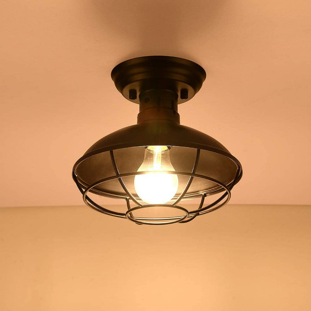 Vintage Industrial Semi Flush Mount Ceiling Light Fixture Farmhouse Black Cage