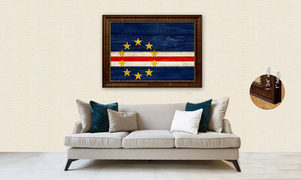 Cape Verde Country Textured Flag Print With Brown Gold Frame, 19"X27"