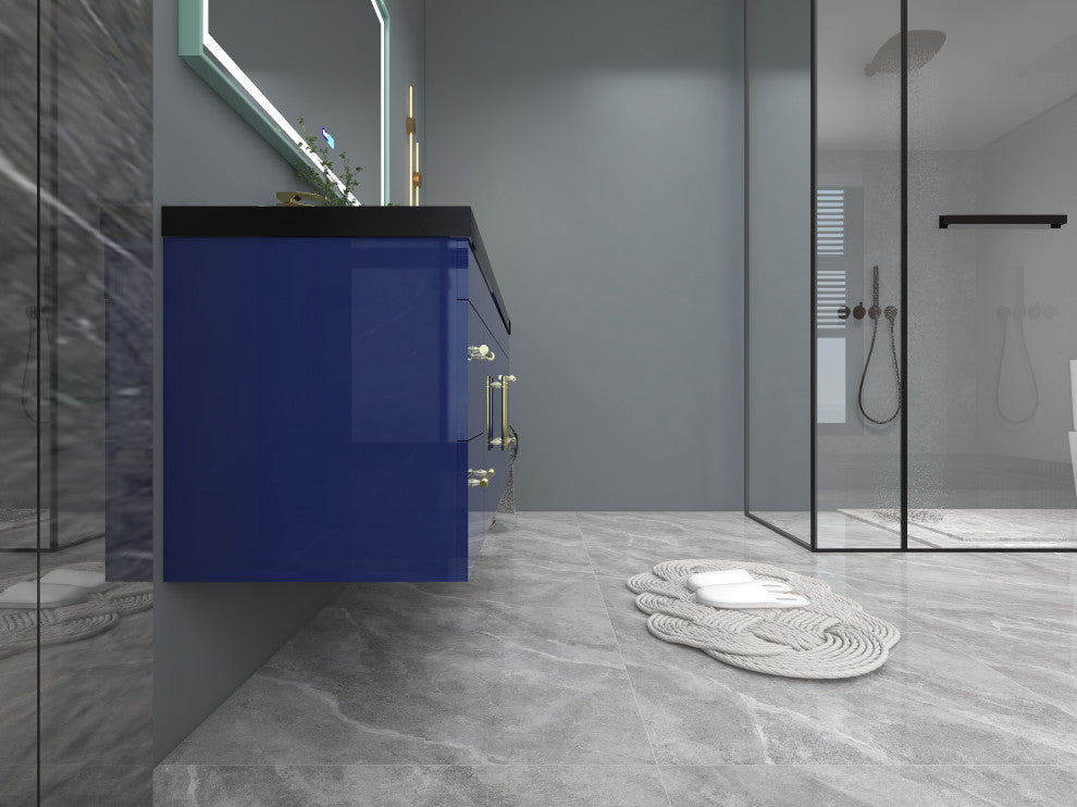 Rosa 60" Wall Mounted Modern Vanity, High Gloss Night Blue, Matt Black Top
