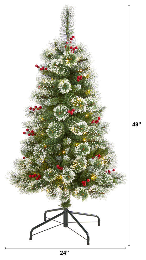 4' Frosted Swiss Pine Faux Christmas Tree With 100 Clear LED Lights and Berries