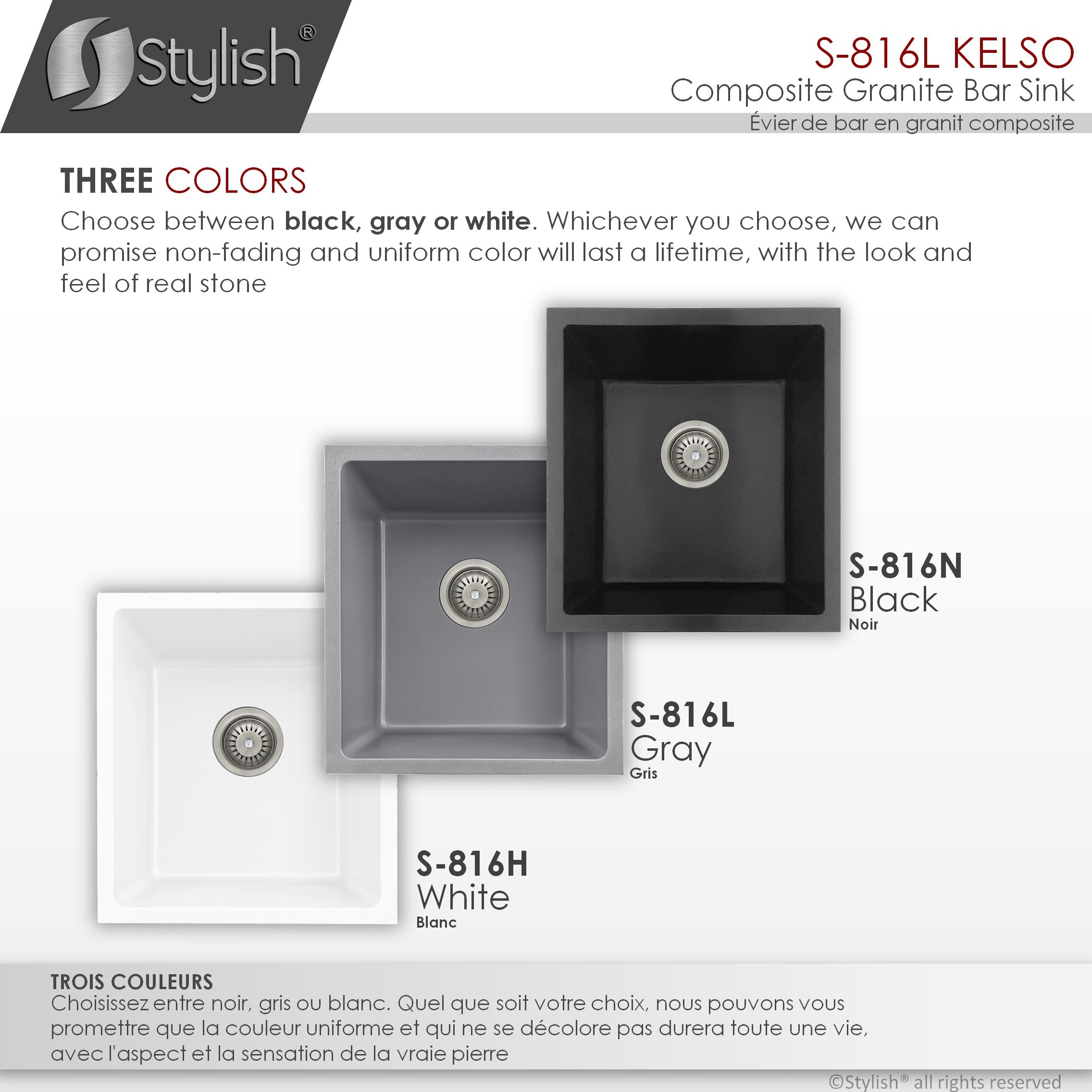 STYLISH 16"Dual Mount Single Bowl Gray Granite Kitchen Sink