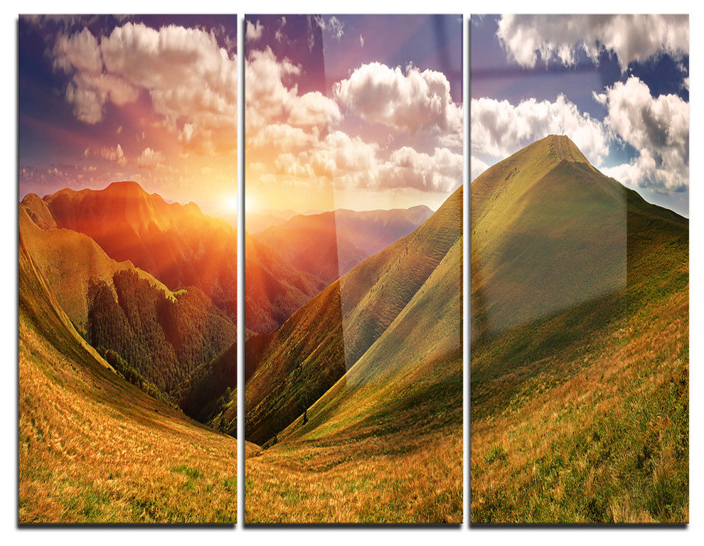 "Sunrise Over Green Mountains" Photo Metal Wall Art, 3 Panels, 36"x28"