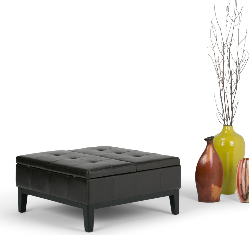 36 Inch Wide Square Coffee Table Storage Ottoman In Tanners Brown Faux Leather