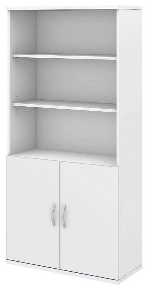 Contemporary Bookcase, Open Shelves & Lower Cabinet With Metal Handles , White