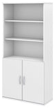 Contemporary Bookcase, Open Shelves & Lower Cabinet With Metal Handles , White