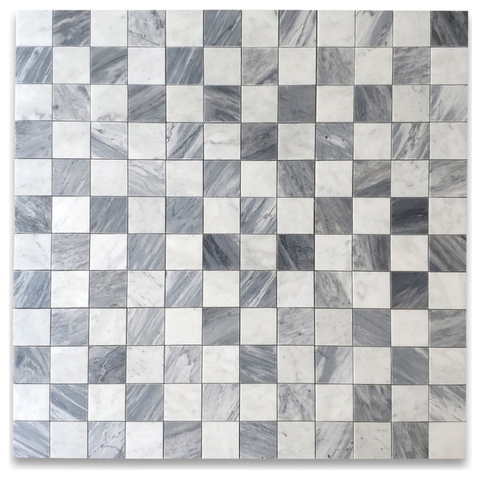 Carrara White Bardiglio Gray 3" Marble Checkerboard Mosaic Tile Polish, 1 sheet