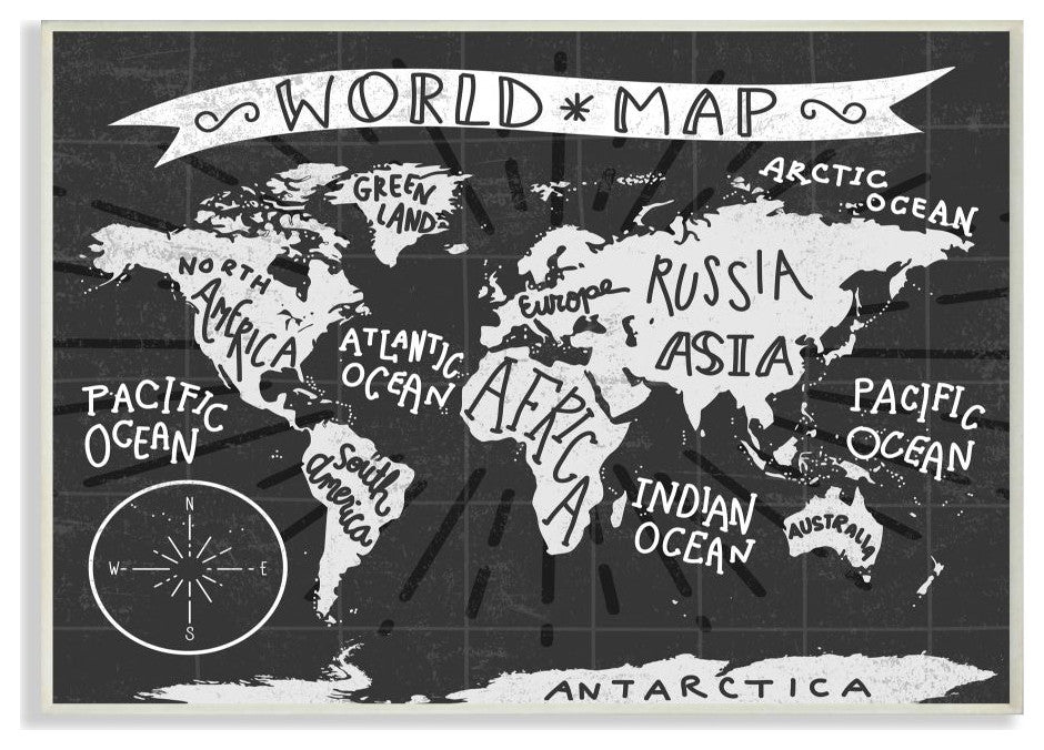 Kids World Map Black and White Nursery Design, 10"x15"
