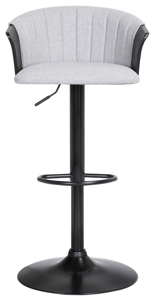 Lydia Adjustable Black Wood Bar Stool in Gray Faux Leather with Black Metal, Light Gray