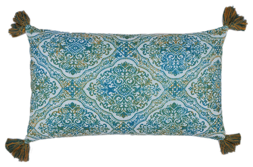 Blue Machine Woven with Tassels Vista Throw Pillow, 16" x 26"