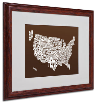 'USA States Text Map - Chocolate' Matted Framed Canvas Art by Michael Tompsett