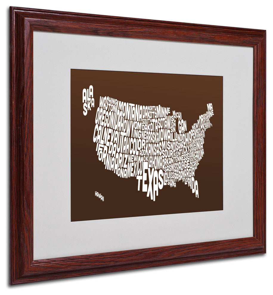 'USA States Text Map - Chocolate' Matted Framed Canvas Art by Michael Tompsett