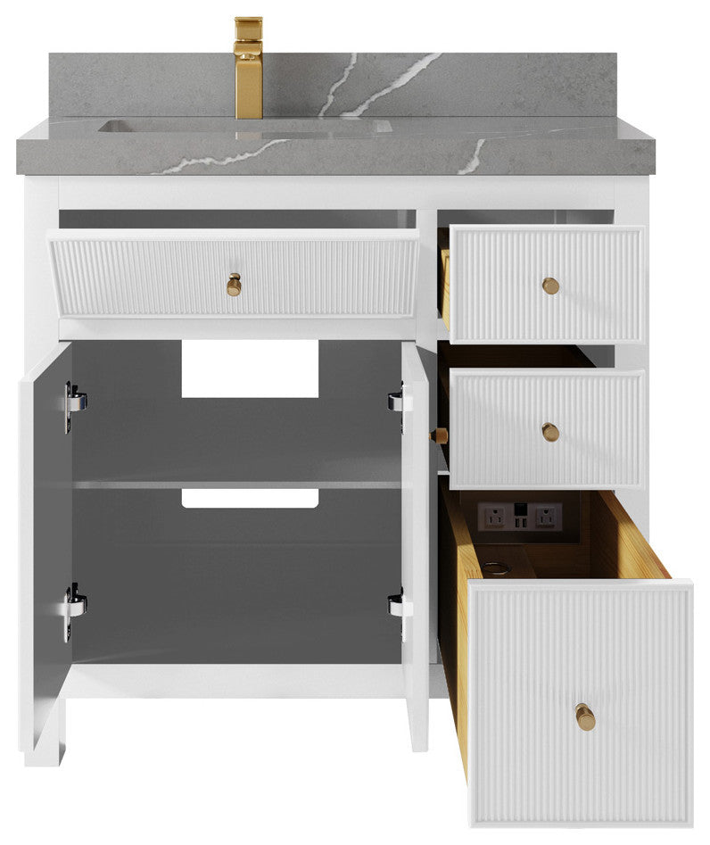 Sonoma 36 Left Offset Reeded Bath Vanity in White 2" Piatra Gray