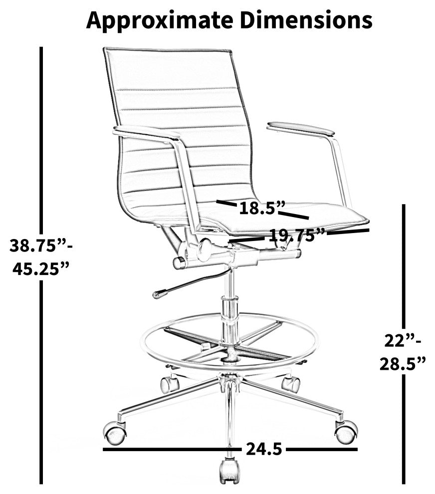 Drafting Chair Upholstered PU Leather Ribbed Mid Back Swivel Armchair, White
