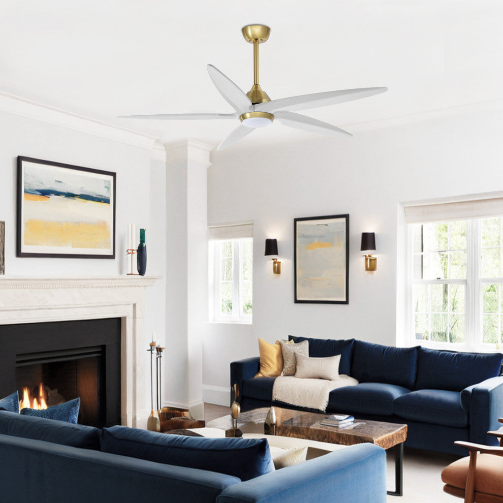 54" Solid Wood 5-Blade LED Ceiling Fan with Remote Control and Light Kit, Gold/White