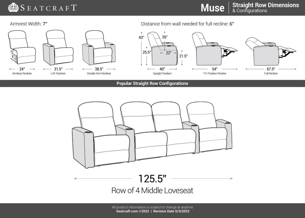 Seatcraft Muse Home Theater Seating, Gray, Row of 4 With  Middle Loveseat