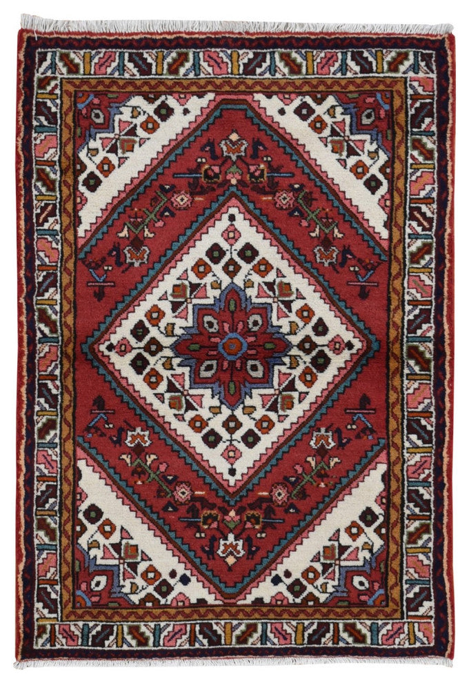 Salsa Red New Persian Hamadan Design Pure Wool Hand Knotted Rug 3'5" x 5'1"