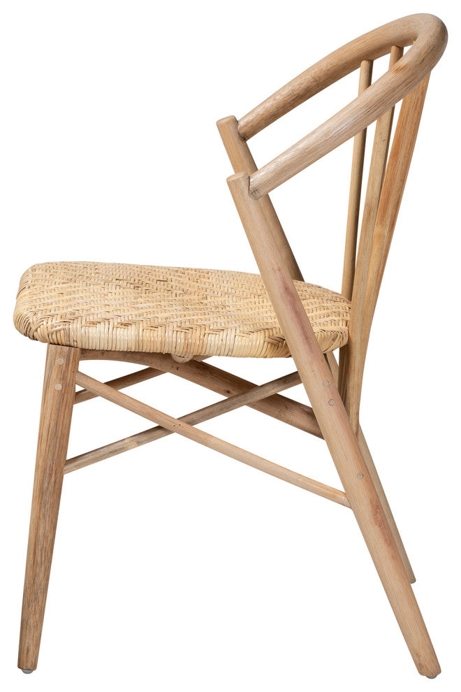 Kobe Mid-Century Modern Natural Brown Finished Wood and Rattan Dining Chair