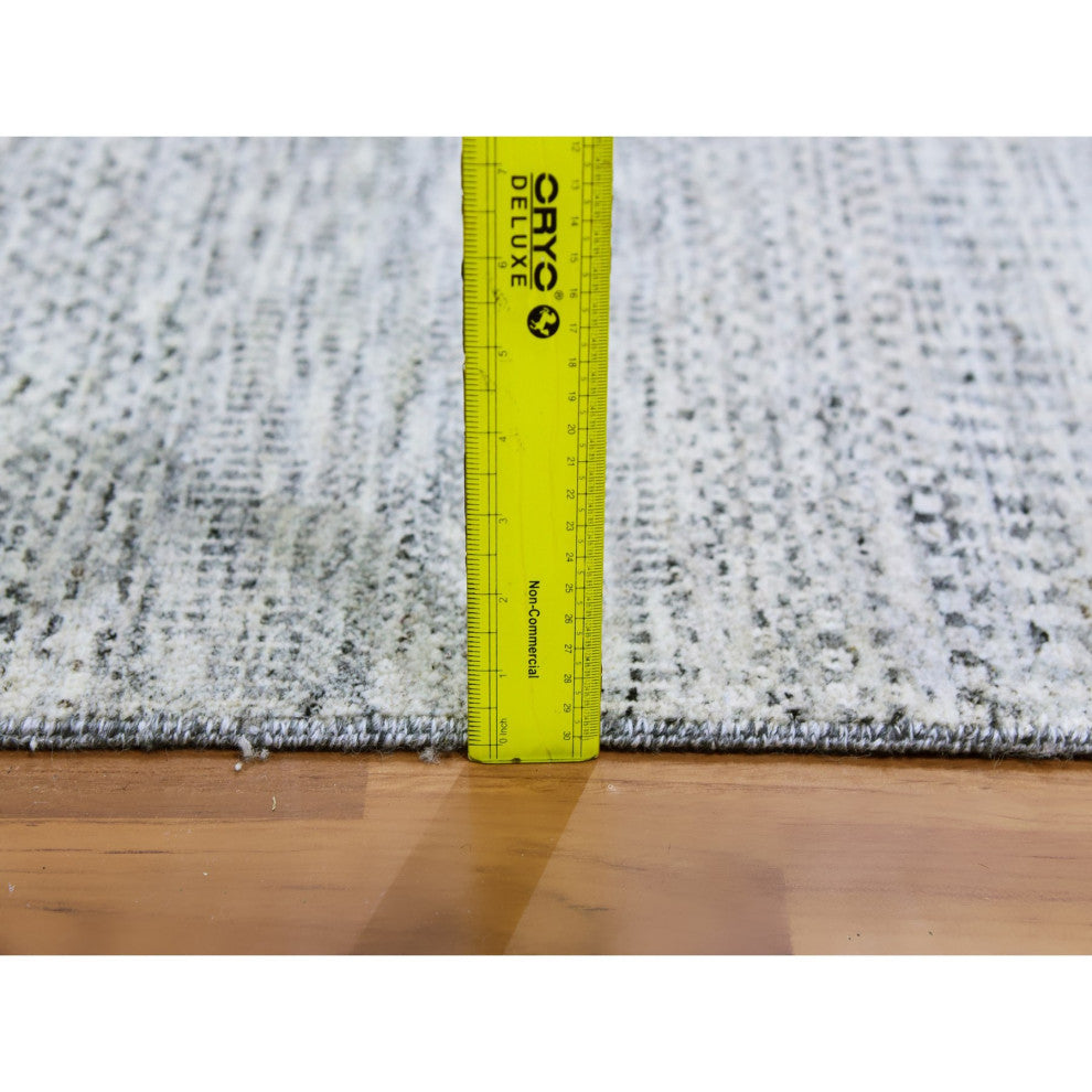 Silver Gray 100% Undyed Wool Grass Design Hand Knotted Wide Runner Rug 4'x10'1"