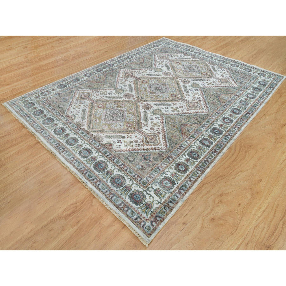 Vista White Unique Flower Rosettes Border Hand Knotted Oriental Rug 8'10"x11'10"