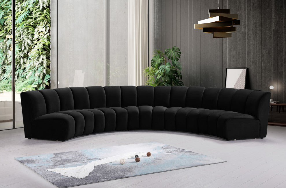 Infinity Channel Tufted Velvet Modular Chair, Black, 5 Piece