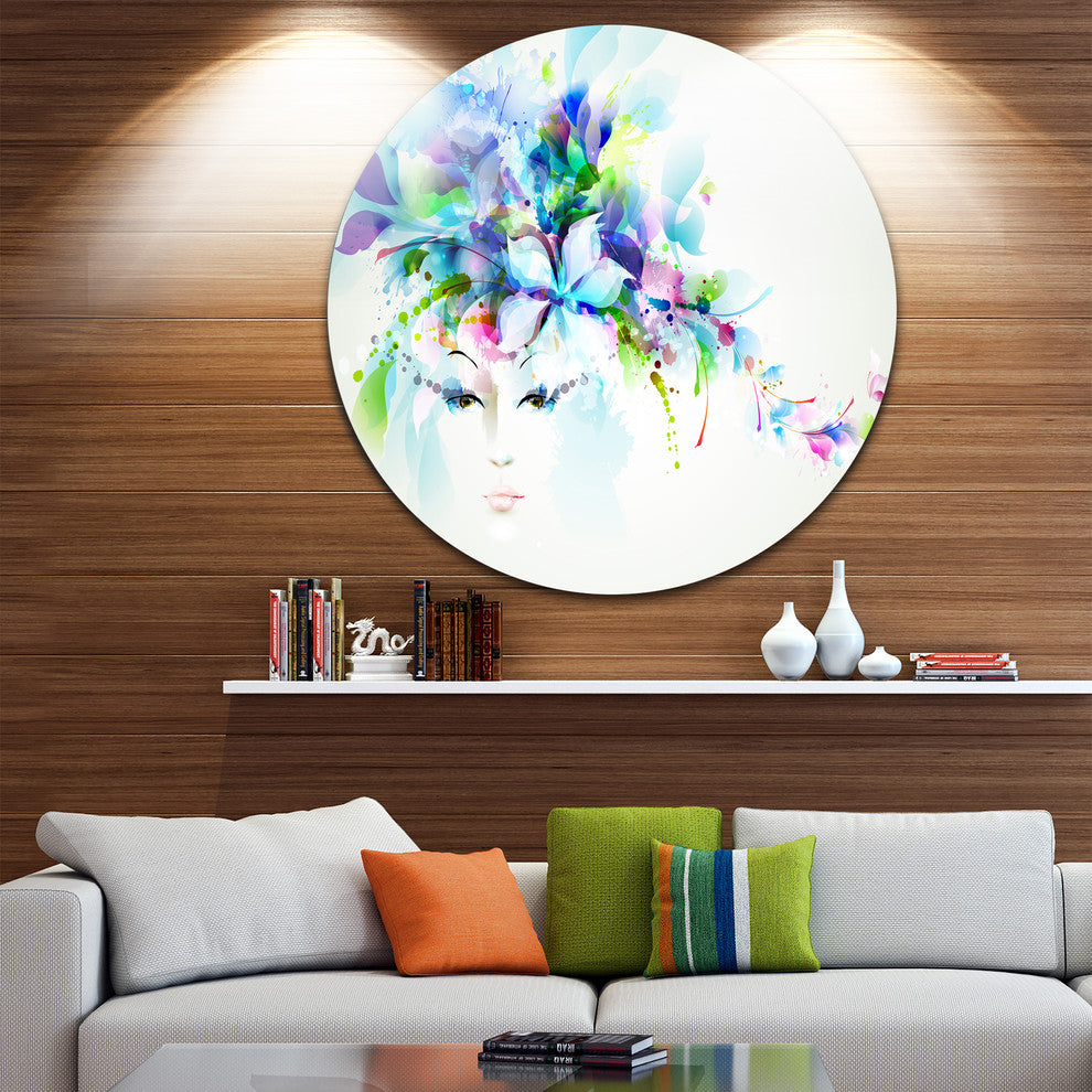 Woman With Blue Flowers, Floral Round Wall Art, 11"