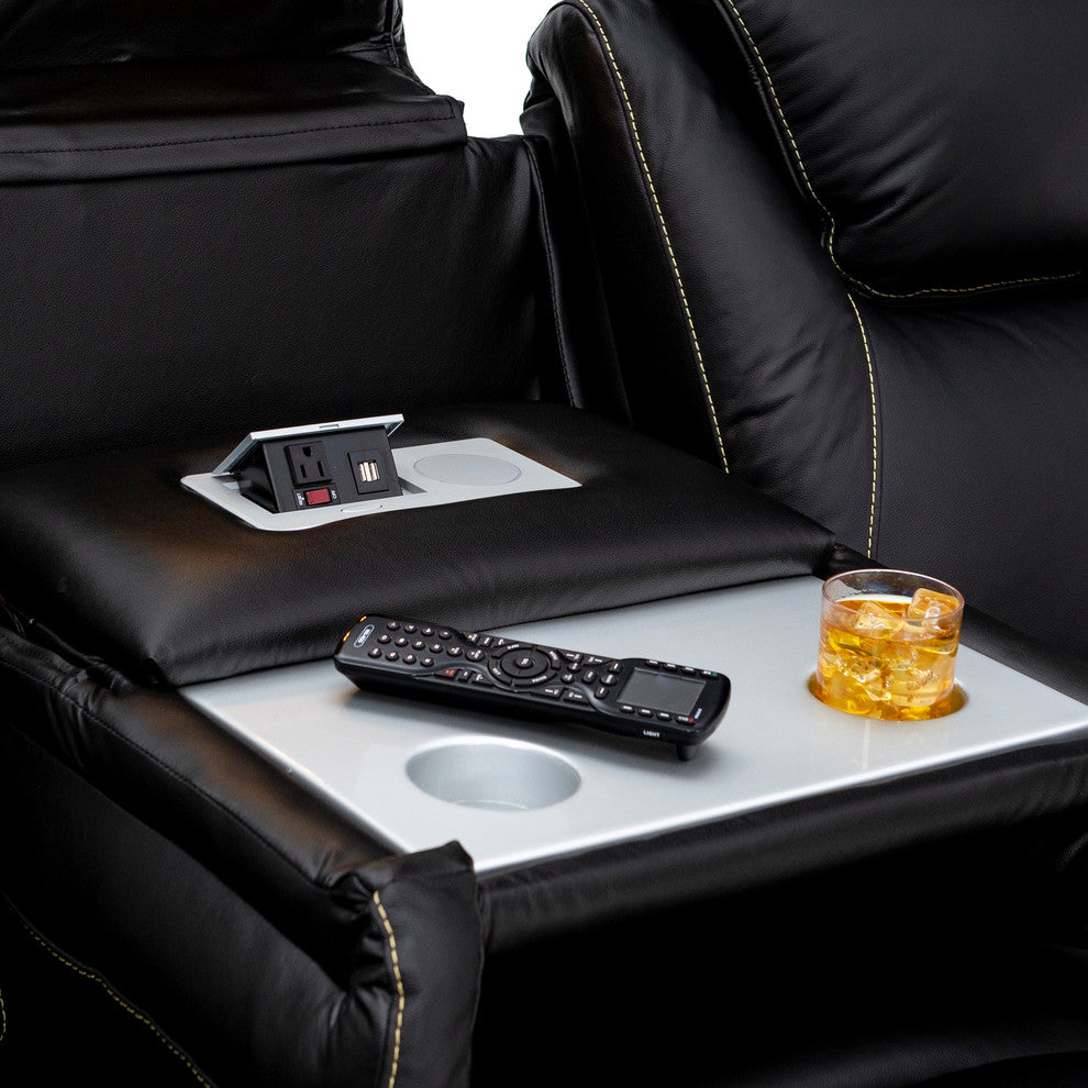 Seatcraft Vienna Leather Home Theater Seating Power Recline Sofa, Black