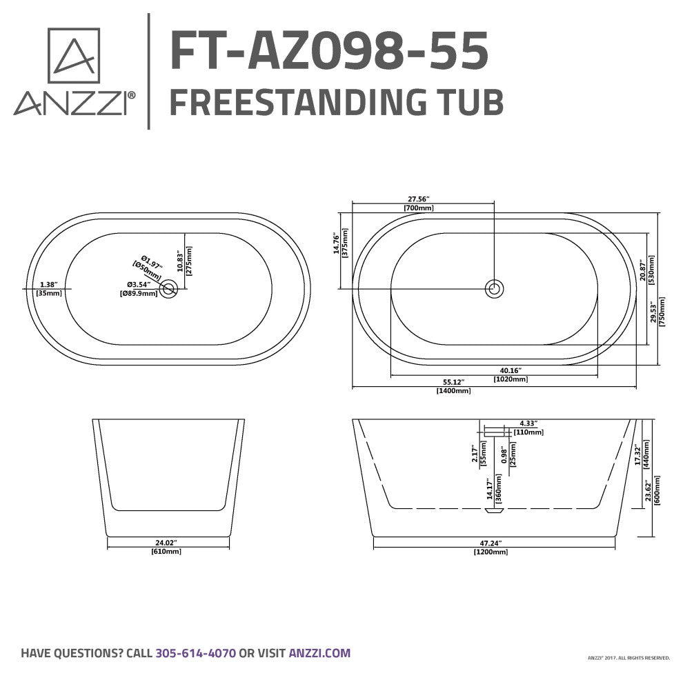 ANZZI Chand Series Freestanding Bathtub, White, 55 in.