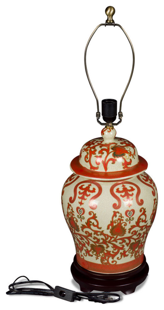 Red and Gold Floral Vine Motif Asian Temple Jar Porcelain Lamp