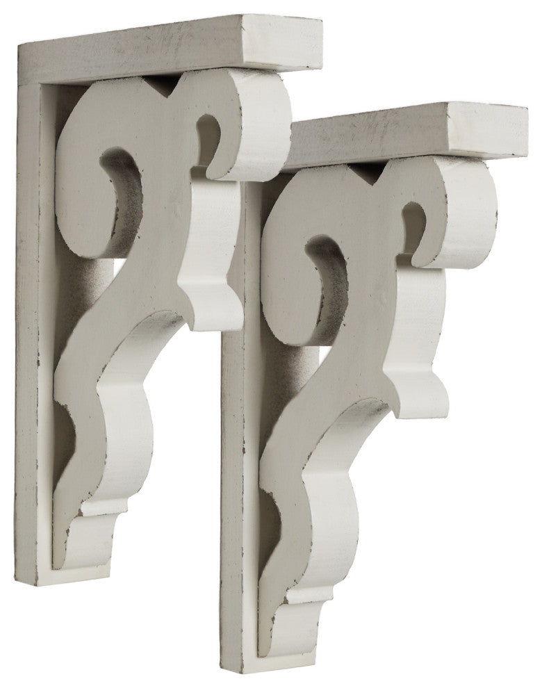 Whitewashed Distressed Antique Wood Corbel Wall Shelf Brackets, Set of 2