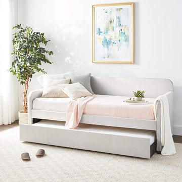 Elegant Twin Daybed with Trundle, Curved Headboard, Armrests, Bone Finish