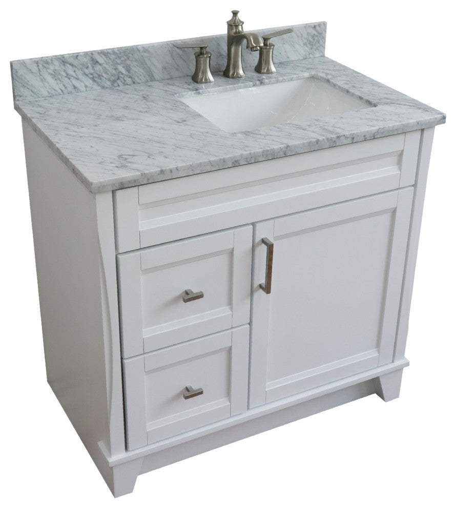 37" Single Sink Vanity, White Finish Top With White Carrara Marble