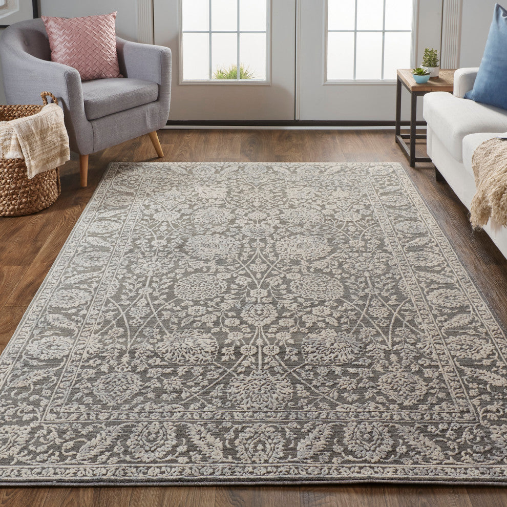 Weave & Wander Sybil Transitional Oriental Style Rug, Charcoal/Bone White, 9' X