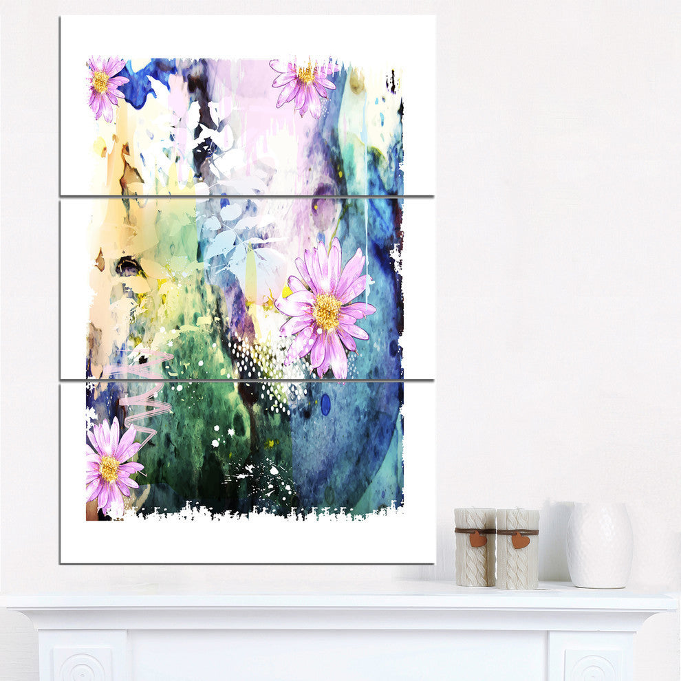"Abstract Blue Pink Floral Art" Glossy Metal Wall Art, 3 Panels, 28"x36"
