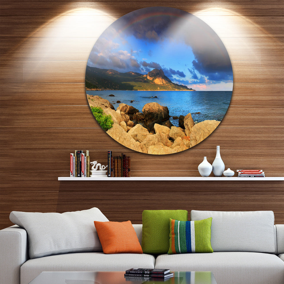 Rainbow Over The Ocean Bay, Modern Seascape Round Wall Art, 23"