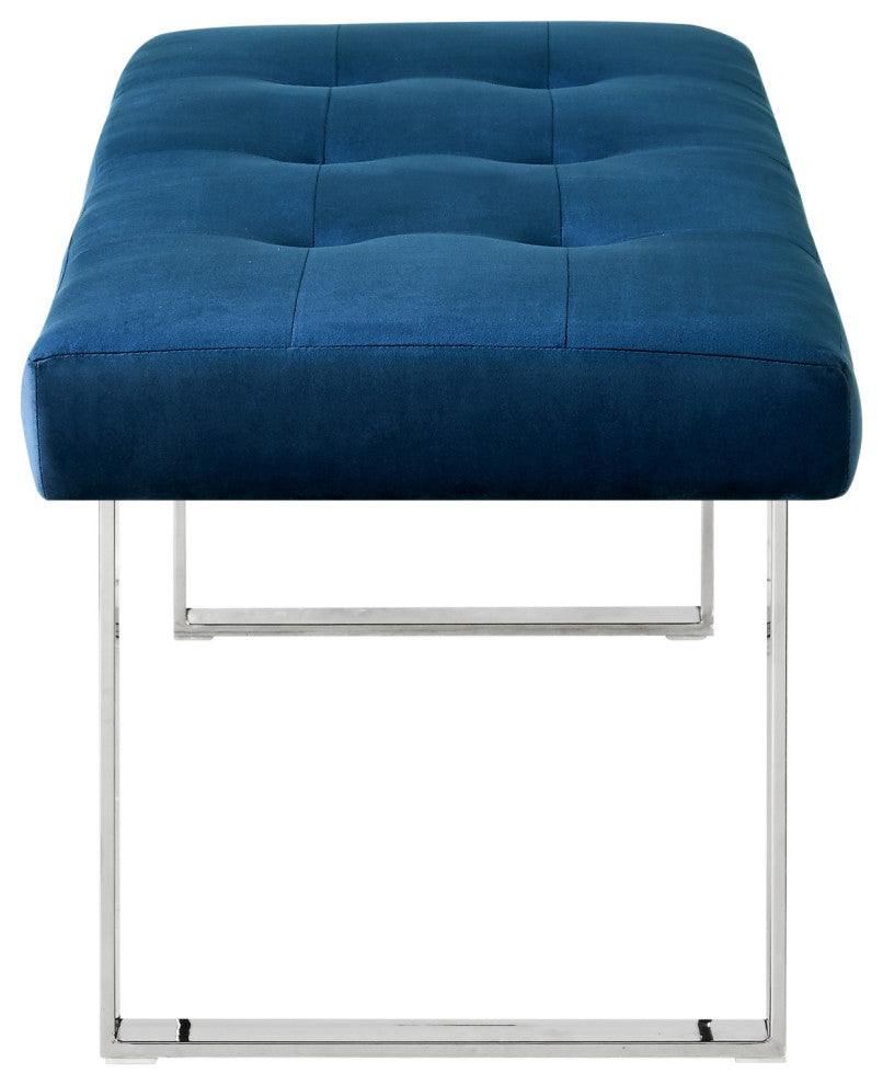 Dolores Velvet Button Tufted Square Leg Bench, Navy With Chrome Base