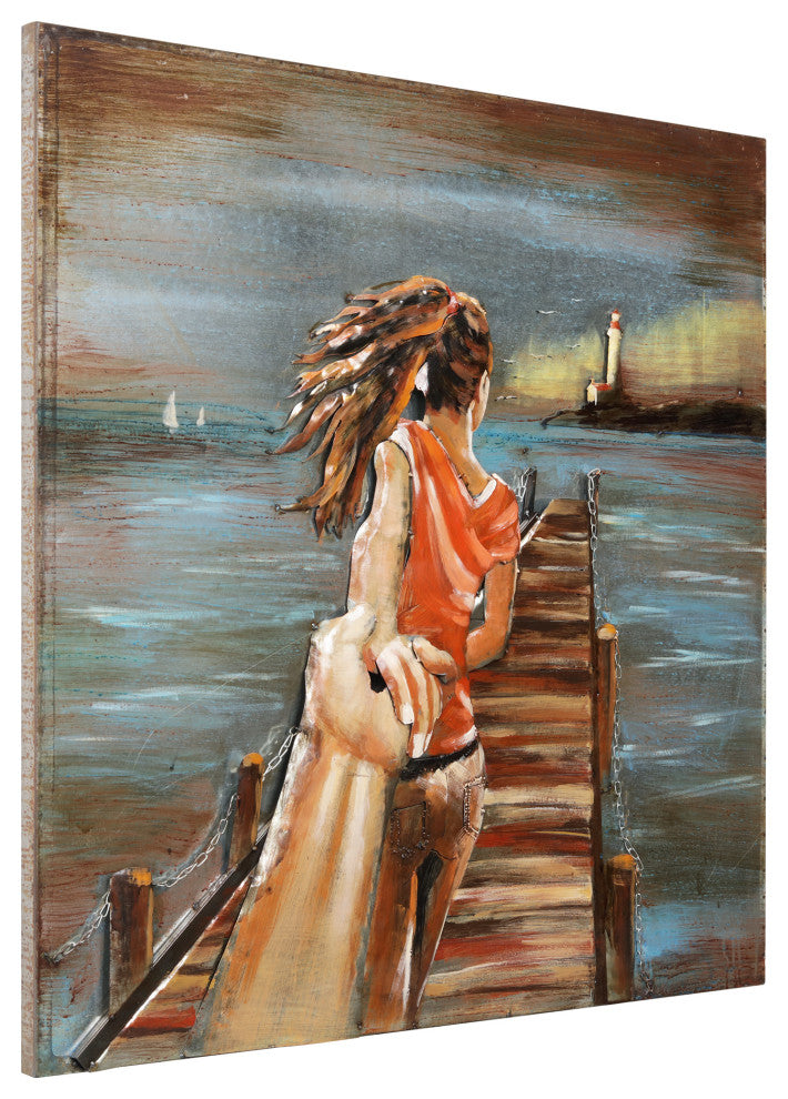 "Lighthouse" Mixed Media Iron Hand Painted Dimensional Wall Art 40"x40"