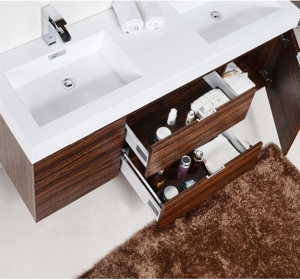Bliss 60" Double Sink Walnut Wall Mount Modern Bathroom Vanity