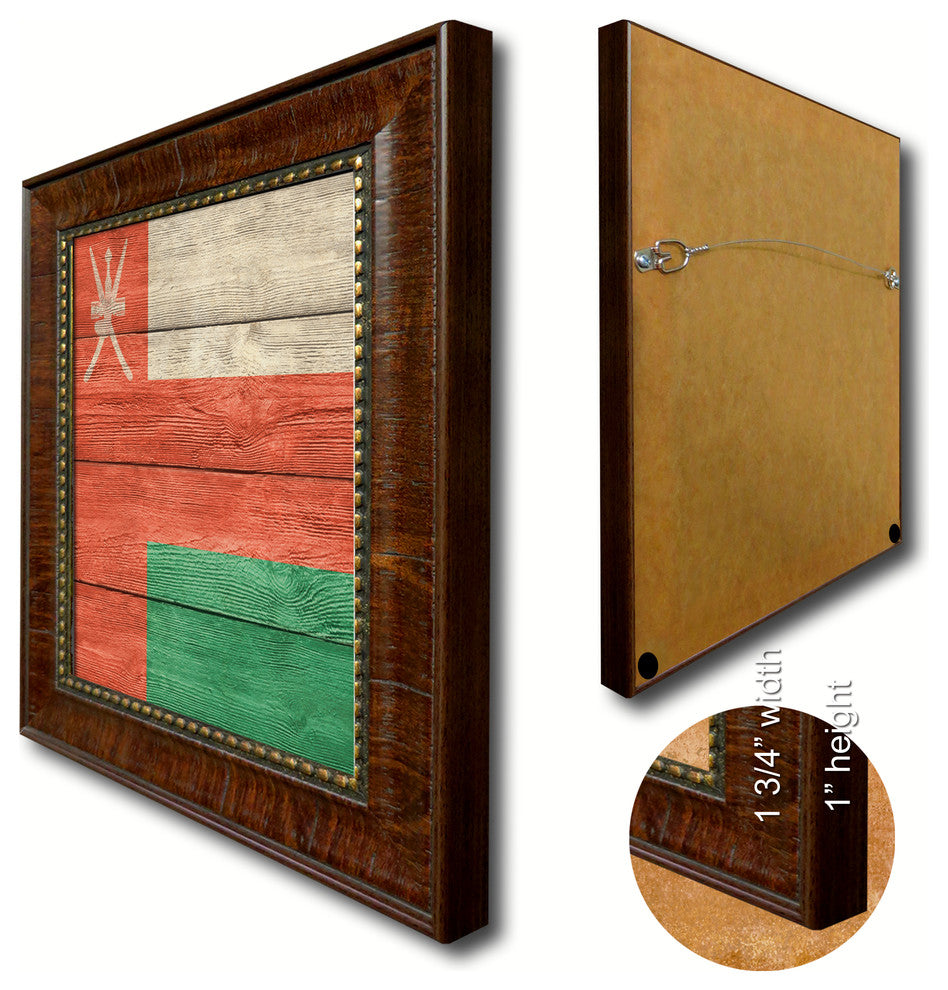Oman Country Textured Flag Print With Brown Gold Frame, 19"X27"