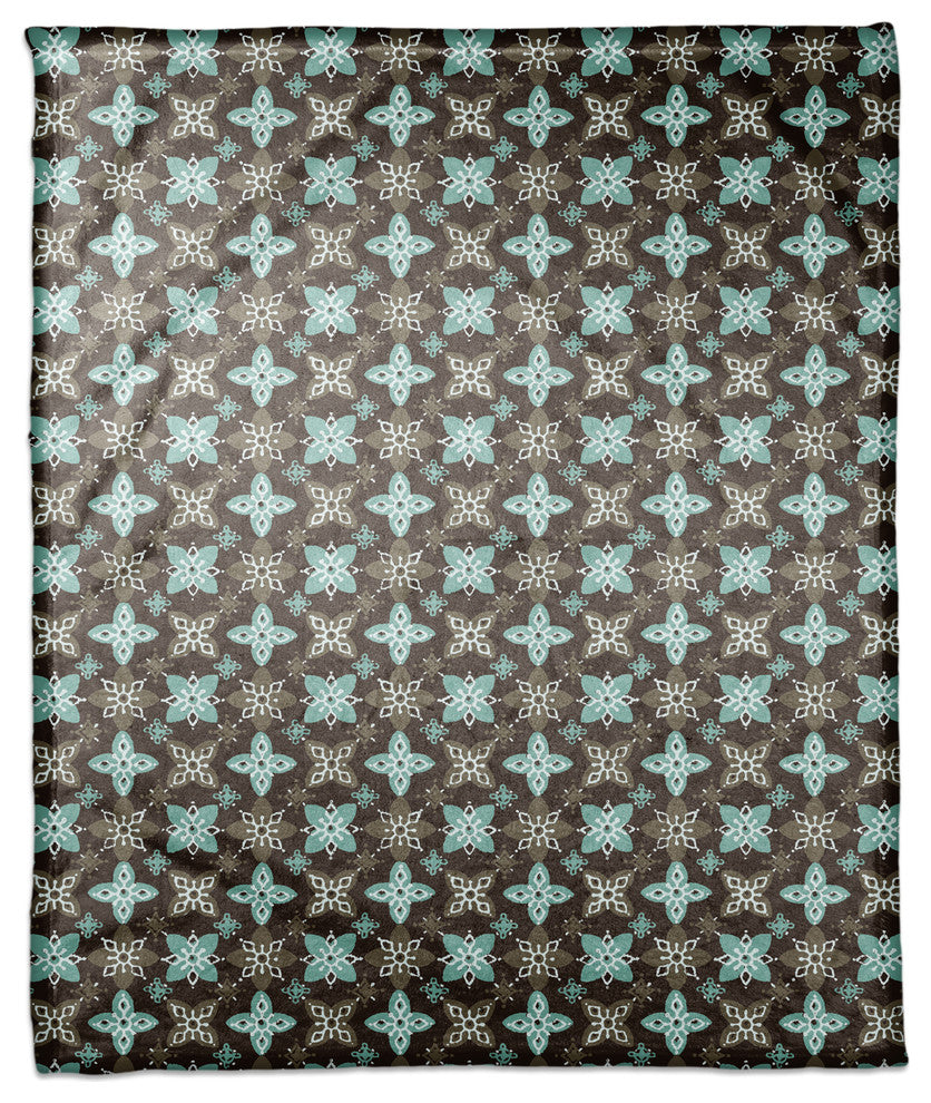 Folk Floral Pattern in Blue and Brown Fleece Blanket