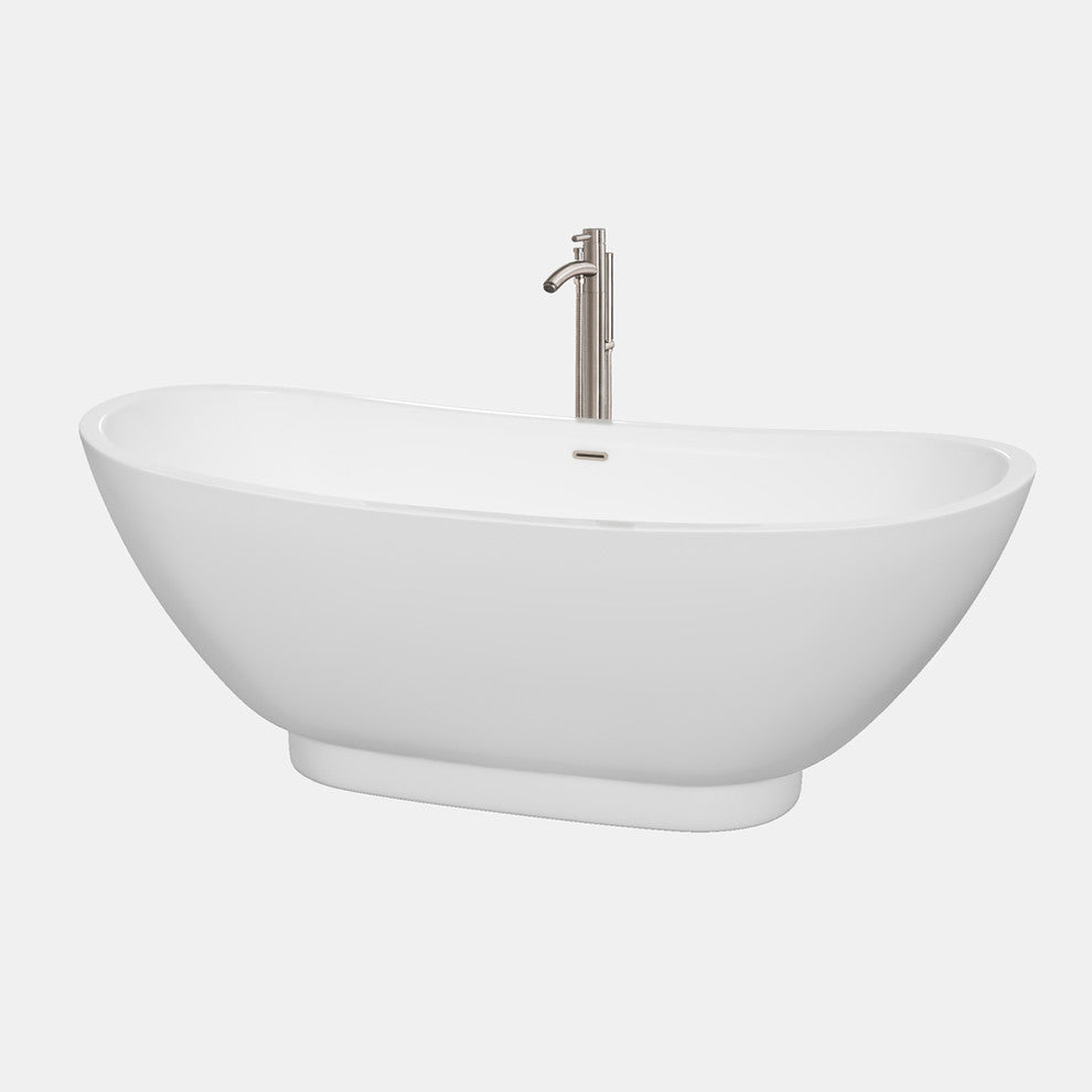 Clara 69" Freestanding White Bathtub, Brushed Nickel Tub Filler and Trim Kit