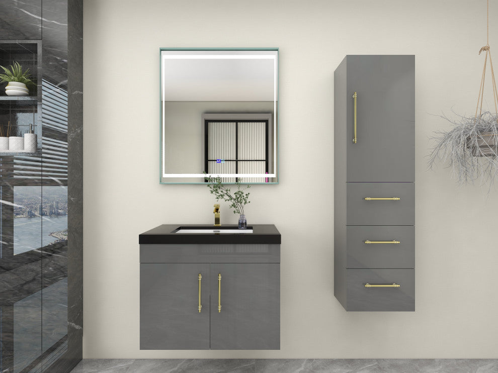 Rosa 30" Wall Mounted Modern Vanity, High Gloss Gray, Matt Black Top