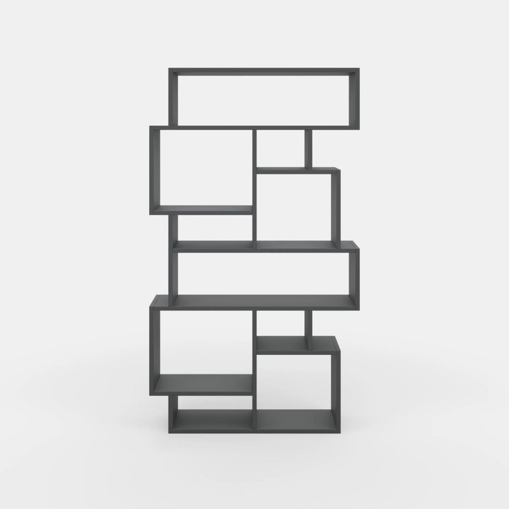 Modern Bookcase, Geometric Design With 10 Asymmetrical Open Shelves, Anthracite