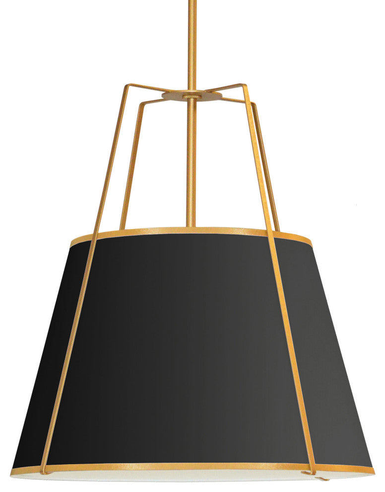 4 Light Trapezoid Pendant Black, Gold Shade w/ White Fabric Diffuser