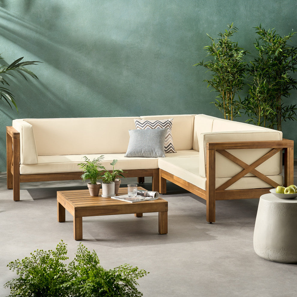 GDF Studio Brava Outdoor 4 Piece V-Shaped Acacia Wood Sectional Sofa Set, Beige