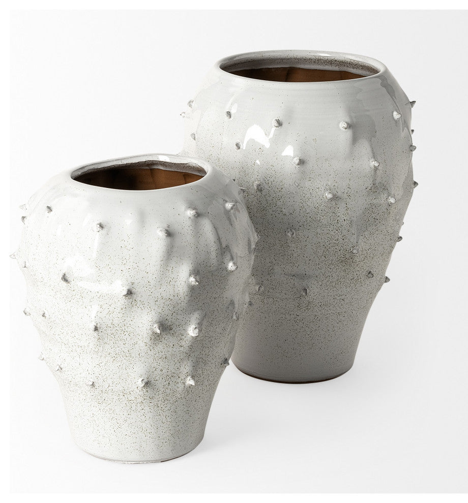 11' White Spiked Organic Glaze Large Mouth Ceramic Vase